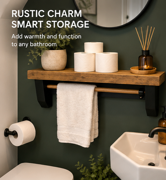 A bathroom scene showing a rustic wooden wall-mounted shelf , a towel bar, and styled bathroom accessories including toilet paper rolls, a small plant, a reed diffuser, and a sink. Large overlaid text reads 'RUSTIC CHARM SMART STORAGE' with a subtitle about adding warmth and function to any bathroom.