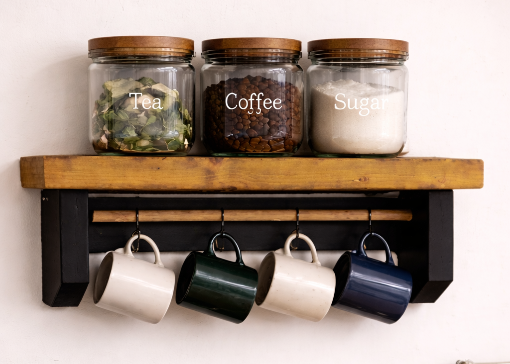 Coffee station with jars, mugs, and a coffee machine on a wooden shelf.