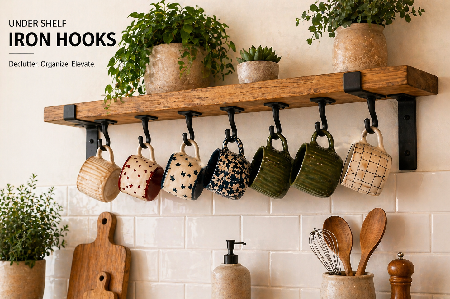 Under Shelf Mug Hooks | Space Saving Coffee Cup Holder | Kitchen Mug Storage Rack | Metal Under Cabinet Hooks | Handmade Organisation