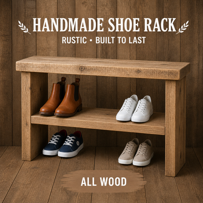 Rustic Wooden Shoe Rack Bench 33cm Deep | Hallway Storage Bench | Entryway Shoe Storage Shelf | Handmade Shoe Organiser