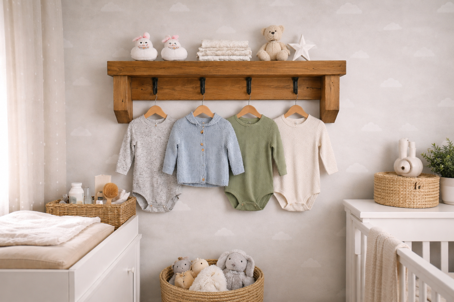 Étagère à café rustique avec crochets à tasses – Étagère murale en bois pour station à café