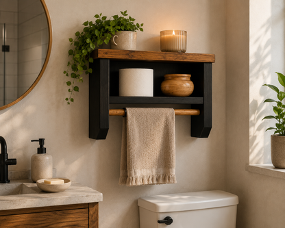 Wooden Bathroom Shelf with Towel Rail | Rustic Wall Storage Shelf | Toilet Roll & Bathroom Organiser | Handmade UK