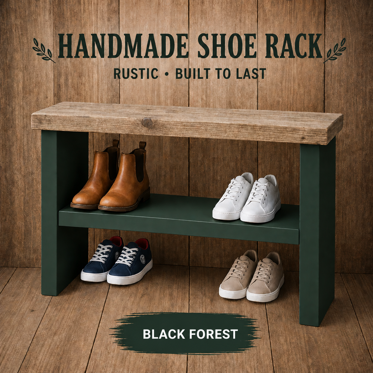 Rustic Wooden Shoe Rack Bench 33cm Deep | Hallway Storage Bench | Entryway Shoe Storage Shelf | Handmade Shoe Organiser