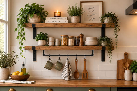 Kitchen Shelf Set with Hanging Rail – 2 Wooden Shelves