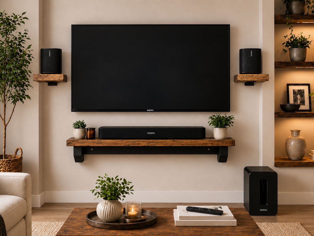 Soundbar & Speaker Shelf Bundle – Rustic Wooden TV Wall Shelves