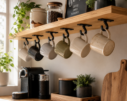 Under Shelf Mug Hooks | Space Saving Coffee Cup Holder | Kitchen Mug Storage Rack | Metal Under Cabinet Hooks | Handmade Organisation