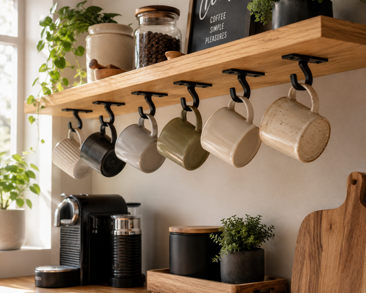 Under Shelf Mug Hooks | Space Saving Coffee Cup Holder | Kitchen Mug Storage Rack | Metal Under Cabinet Hooks | Handmade Organisation