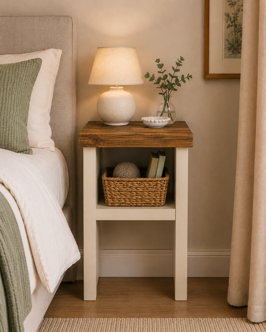 Narrow Wooden Bedside Table with Storage Shelf – Handmade Rustic Nightstand