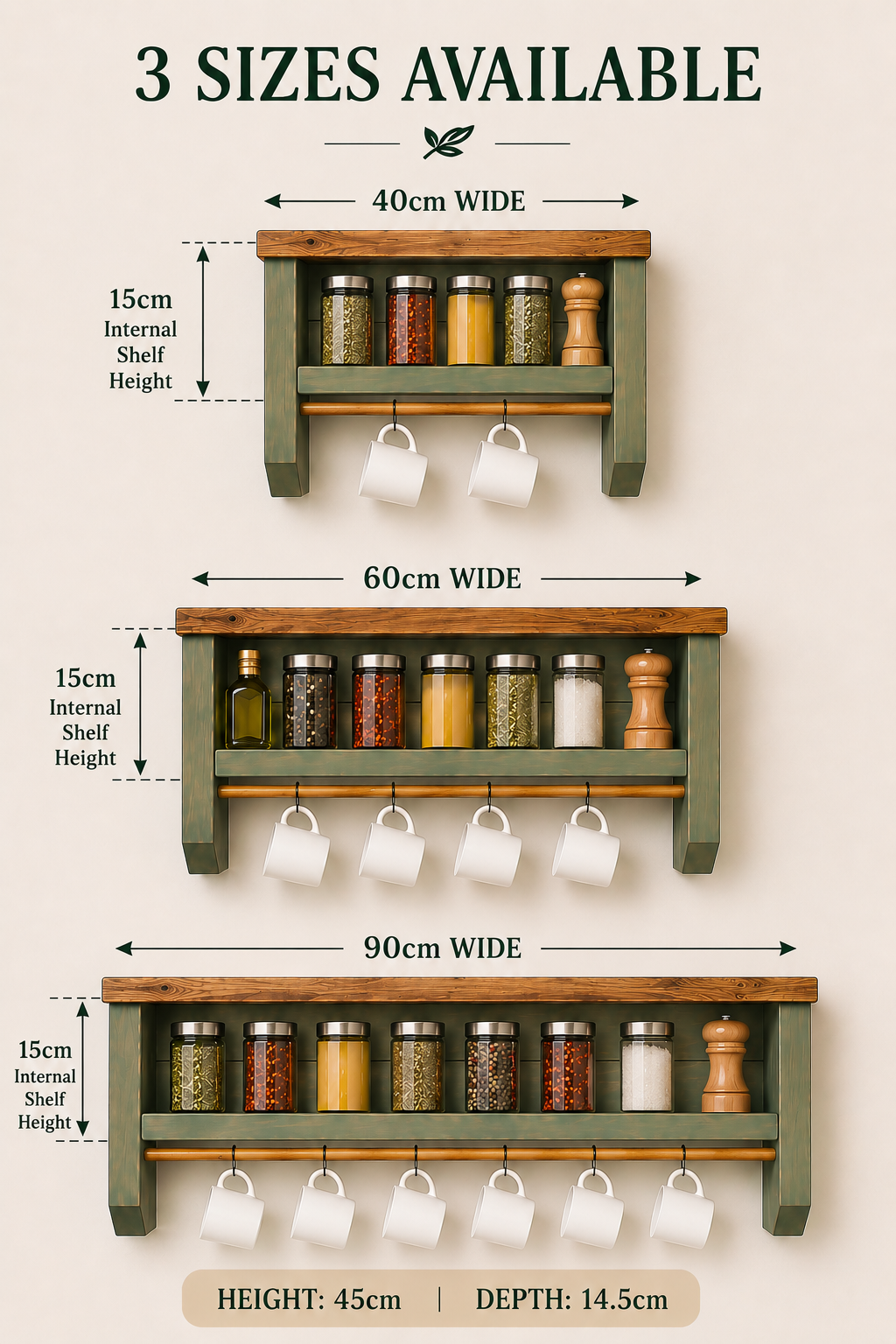 Rustic Kitchen Wall Shelf with Mug Rail – Wooden Spice Rack & Storage Shelf