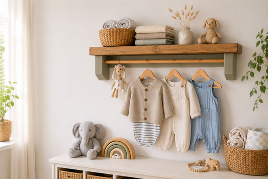 Handmade Nursery Shelf with Hanging Rail | Wooden Baby Clothes Rail | Rustic Nursery Storage Shelf | Made to Order