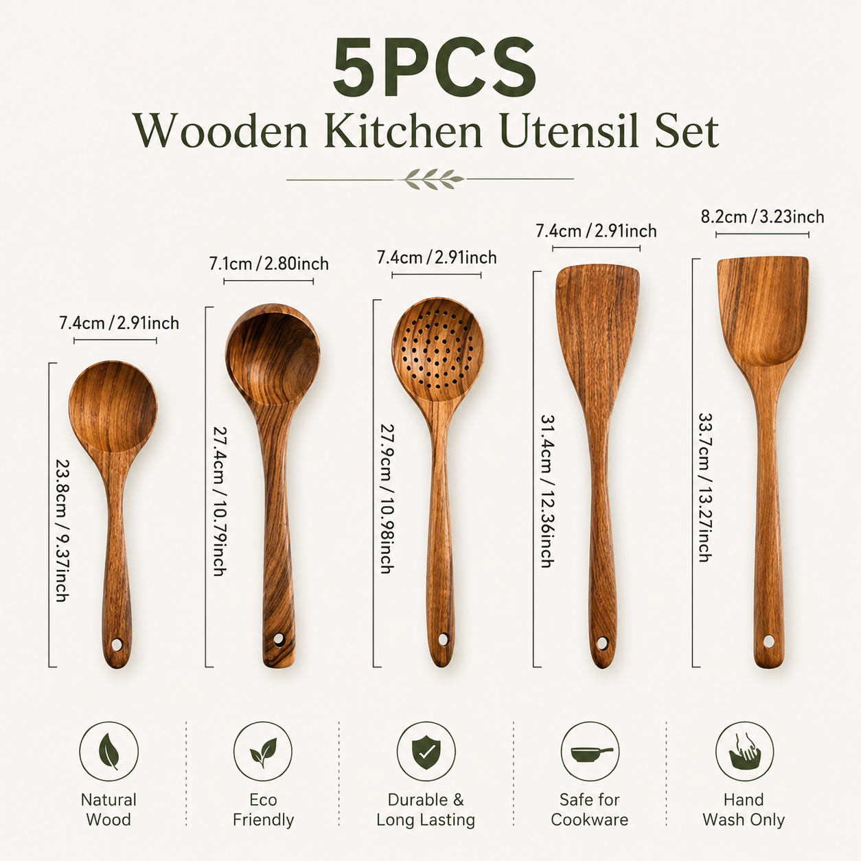 Wooden Kitchen Utensil Set – 5 Piece Natural Wooden Cooking Utensils | Spoon, Slotted Spoon, Spatula & Ladle Set