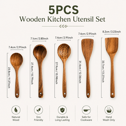 Wooden Kitchen Utensil Set – 5 Piece Natural Wooden Cooking Utensils | Spoon, Slotted Spoon, Spatula & Ladle Set