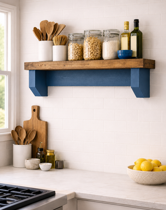 Handmade Kitchen Shelf with Wooden Brackets | Rustic Wooden Wall Shelf | Scaffold Board Style Shelf | Floating Storage Shelf