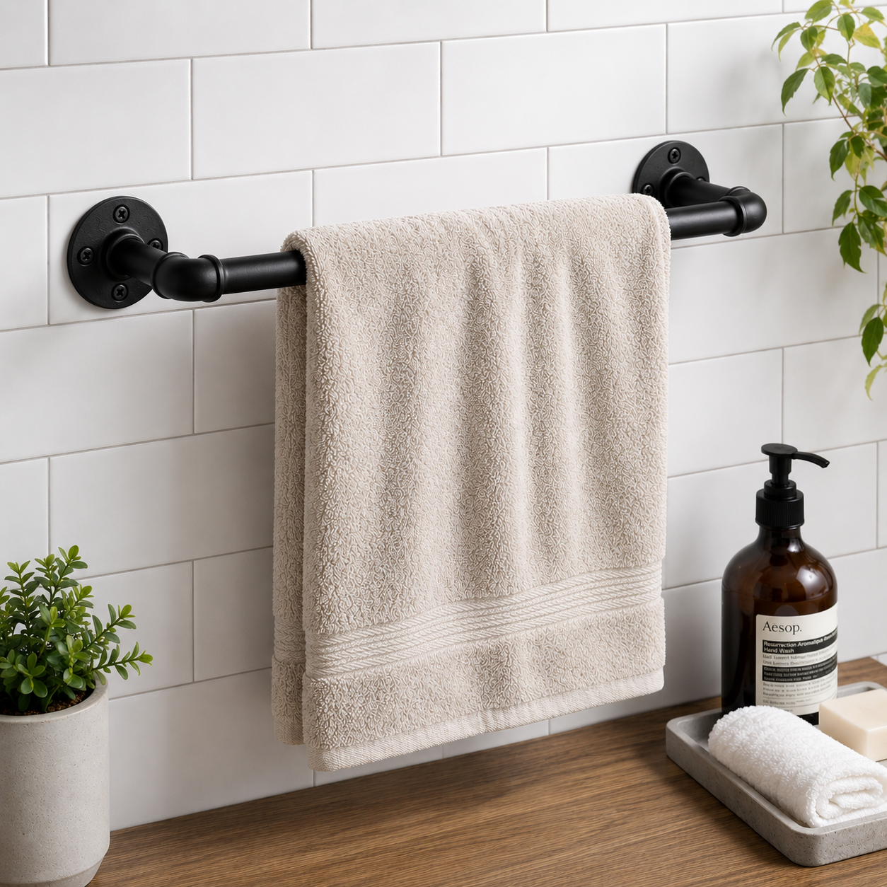 Industrial Pipe Towel Rail | Black Wrought Iron Wall Mounted Bathroom Towel Holder