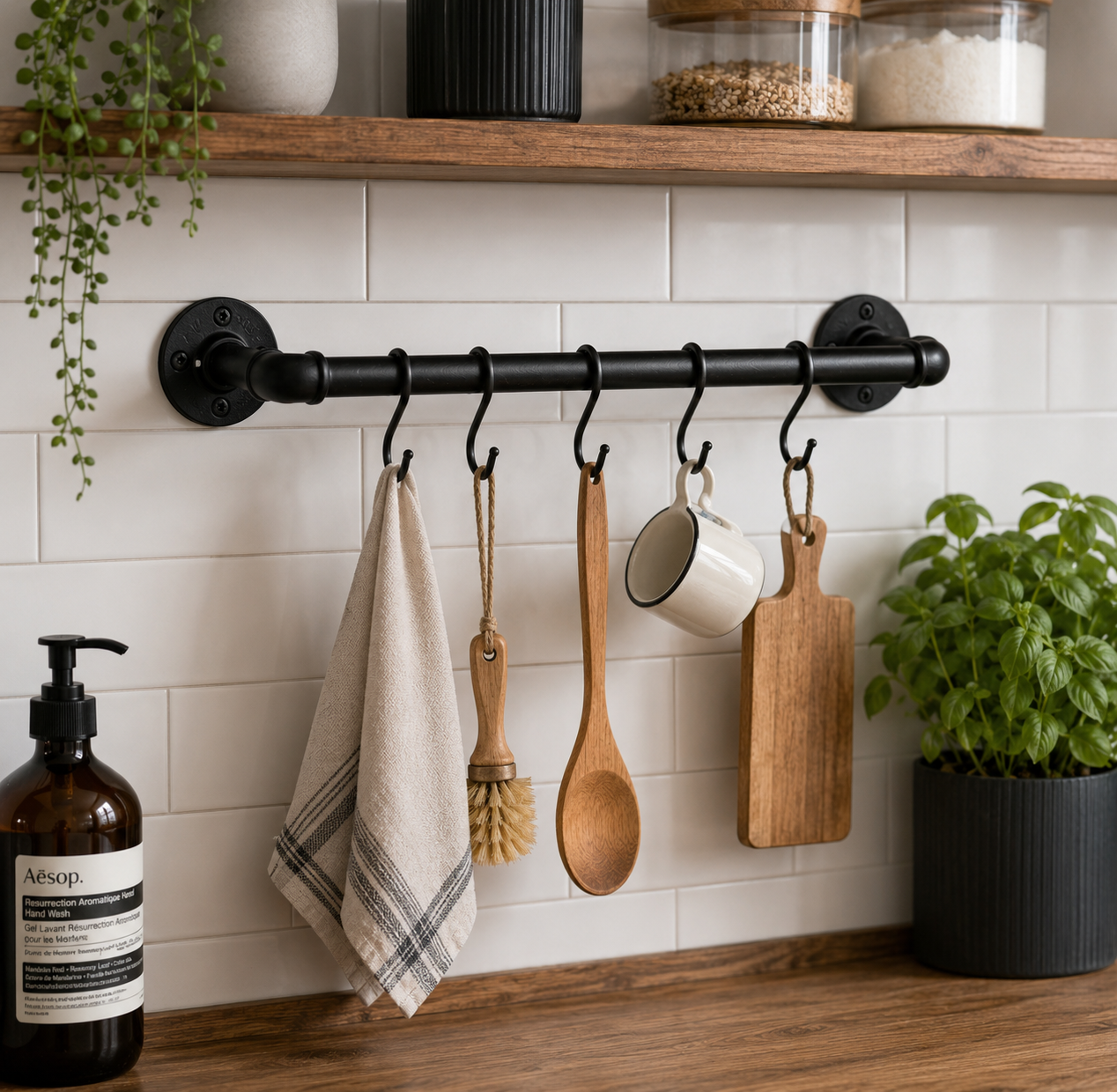 Industrial Kitchen Rail with 5 S Hooks | Black Pipe Utensil Hanging Rail | Wall Mounted Kitchen Storage