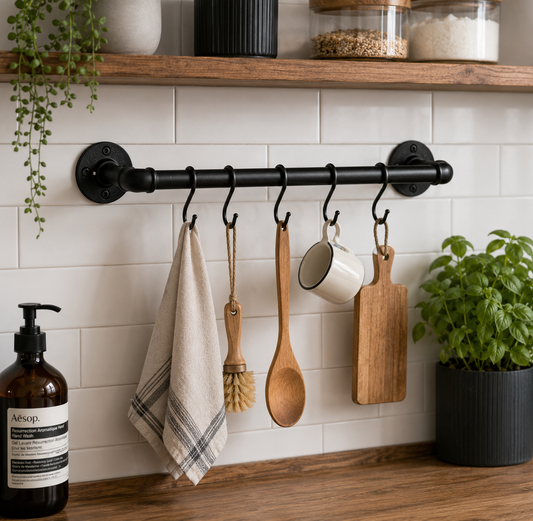 Industrial Kitchen Rail with 5 S Hooks | Black Pipe Utensil Hanging Rail | Wall Mounted Kitchen Storage