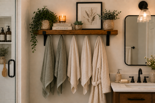 Bathroom Shelf with Hooks 14.5cm/6 inches Deep| Rustic Wooden Bathroom Shelf | Wall Shelf with Towel Hooks | Farmhouse Bathroom Storage | Wooden Towel Rack