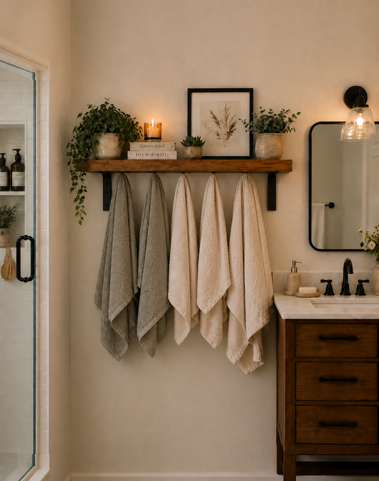 Bathroom Shelf with Hooks 17cm/7 inches Deep| Rustic Wooden Bathroom Shelf | Wall Shelf with Towel Hooks | Farmhouse Bathroom Storage | Wooden Towel Rack