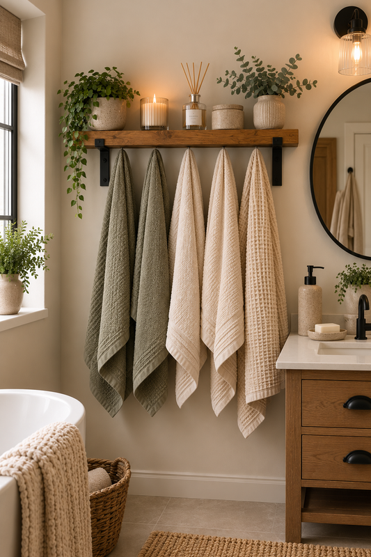Bathroom Shelf with Hooks 19.5cm/8 inches Deep| Rustic Wooden Bathroom Shelf | Wall Shelf with Towel Hooks | Farmhouse Bathroom Storage | Wooden Towel Rack