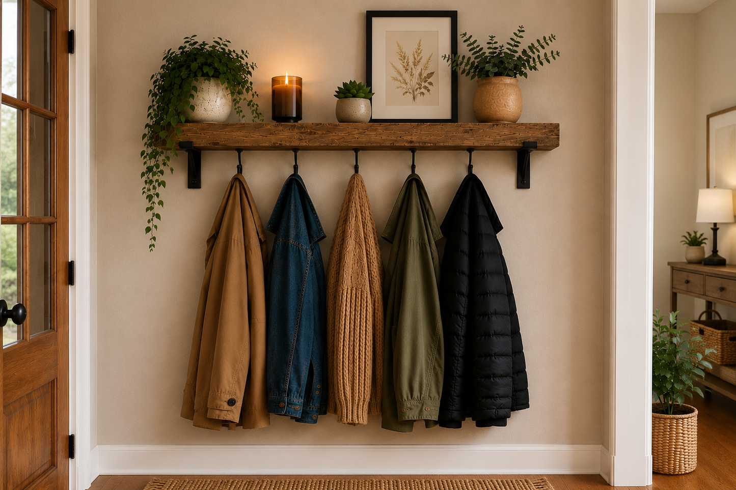Étagère de cuisine rustique en bois avec crochets et supports | Porte-tasses mural | Étagère de station café de style ferme
