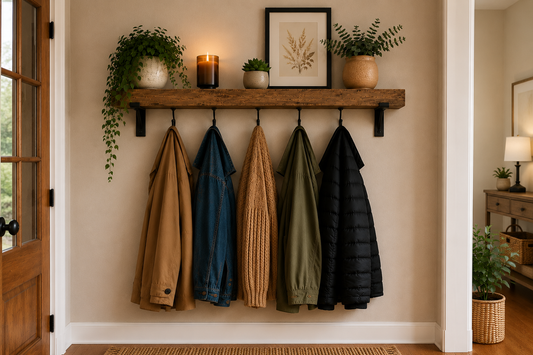 Rustic Coat Rack Shelf with Hooks 19.5cm/8 inches Deep | Wooden Hallway Storage Shelf | Entryway Coat Hanger | Wall Mounted Coat Rack