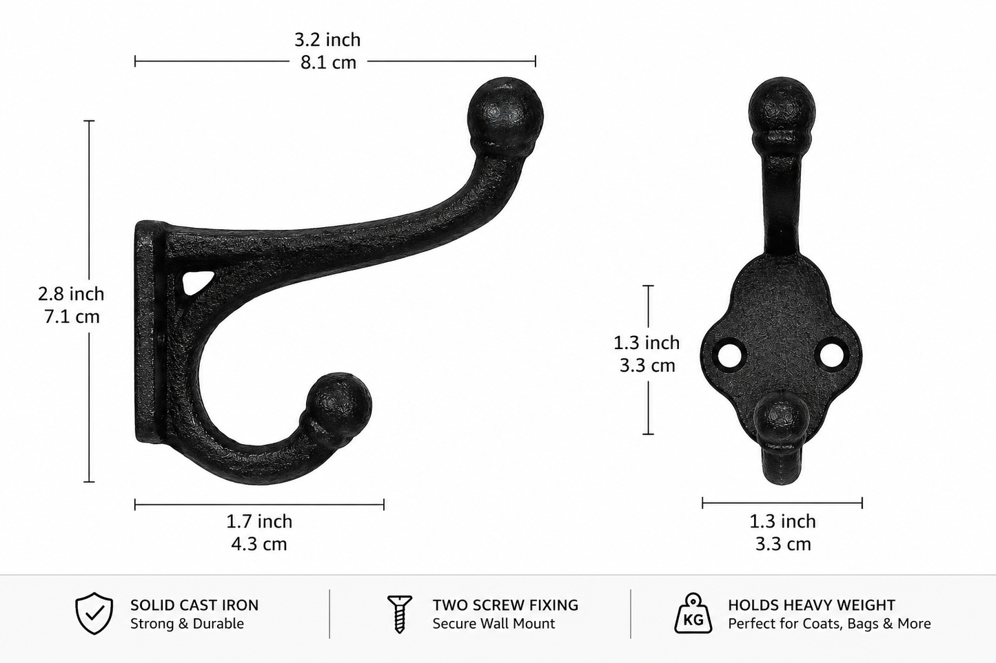 Black Cast Iron Coat Hook | Heavy Duty Vintage Wall Hook for Coats, Bags & Towels
