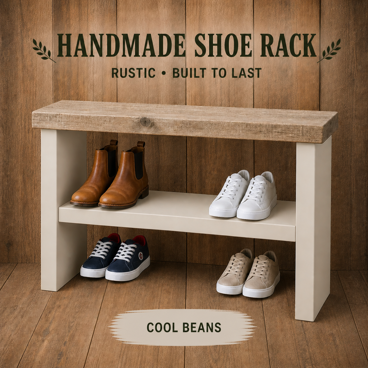 Rustic Wooden Shoe Rack Bench 33cm Deep | Hallway Storage Bench | Entryway Shoe Storage Shelf | Handmade Shoe Organiser