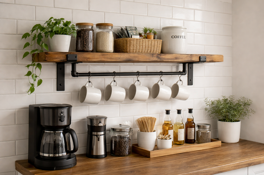 Rustic Wooden Kitchen Shelf with Hanging Rail & Hooks 19.5cm/8 inches Deep | Wall Mounted Storage Style Shelf | Coffee Station Mug Rack | Handmade Scaffold Board Shelf