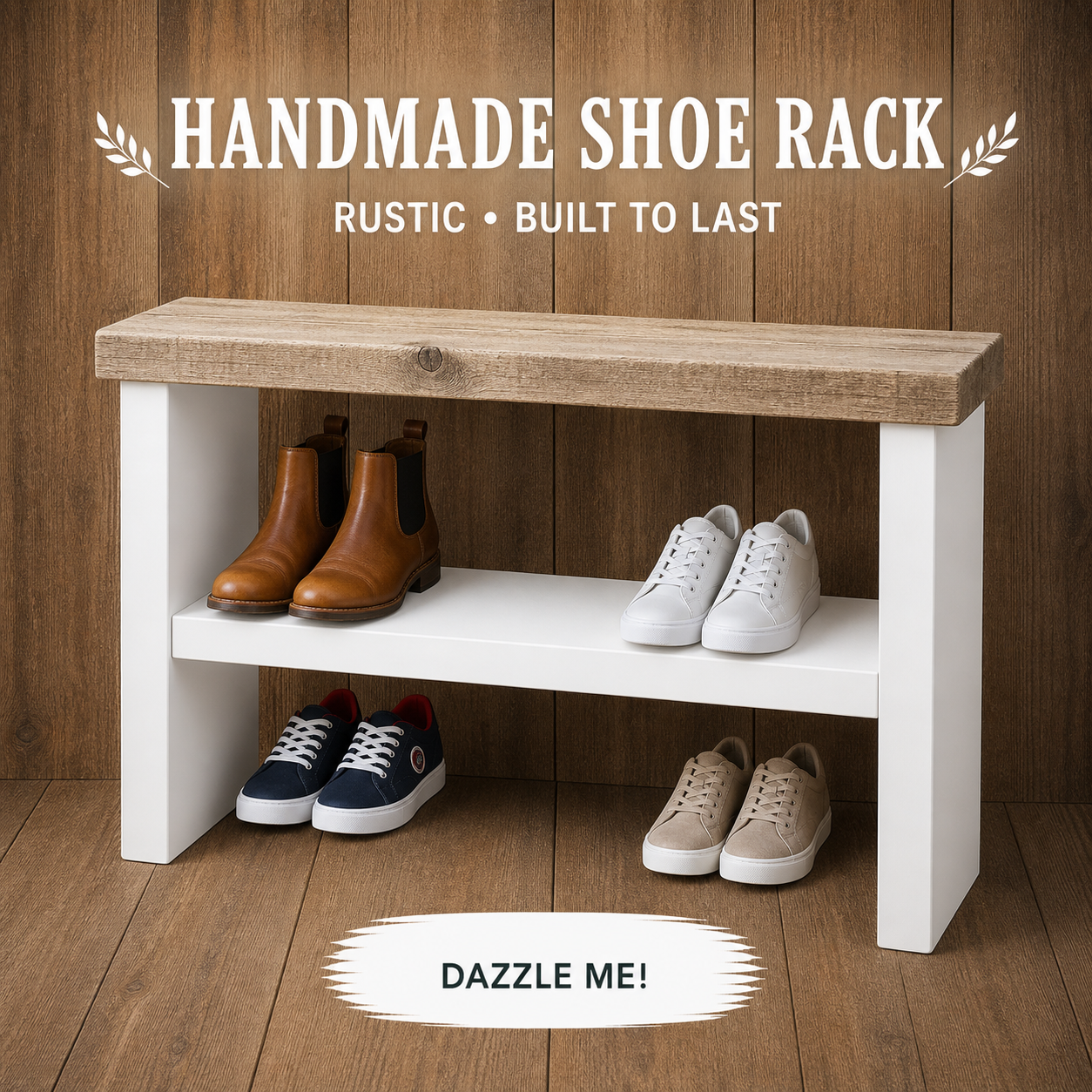 Rustic Wooden Shoe Rack Bench 33cm Deep | Hallway Storage Bench | Entryway Shoe Storage Shelf | Handmade Shoe Organiser