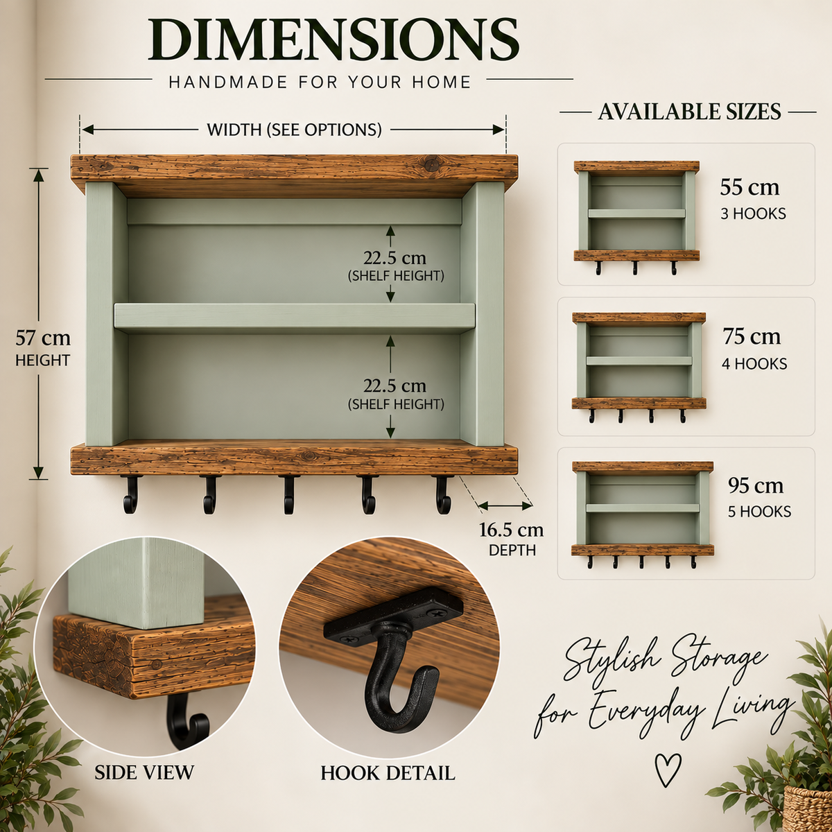 Wall Mounted Coat Rack Shelf with Hooks | Wooden Hallway Storage