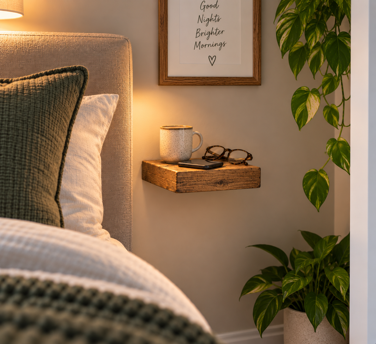 Small Wooden Bedside Shelf – Space Saving Floating Nightstand