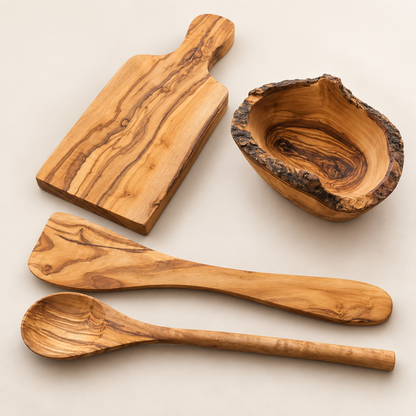 Olive Wood Kitchen Gift Set – Bowl, Herb Board, Spoon & Spatula
