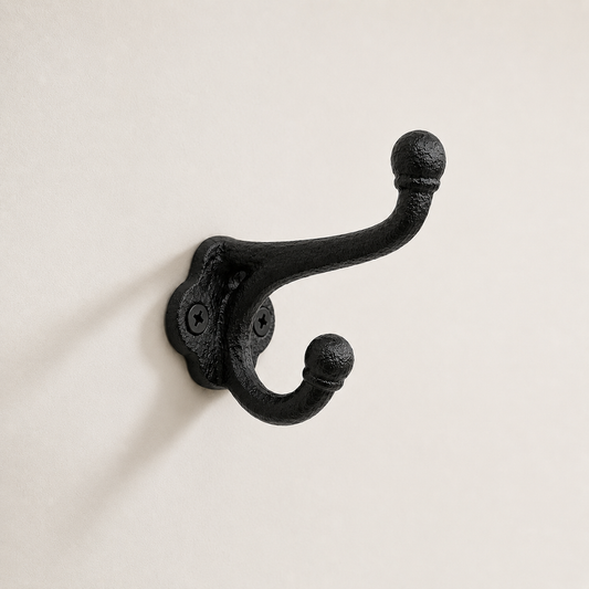 Black Cast Iron Coat Hook | Heavy Duty Vintage Wall Hook for Coats, Bags & Towels