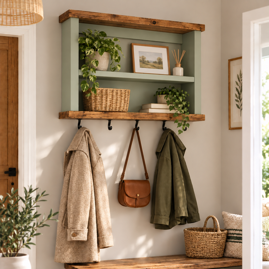 Wall Mounted Coat Rack Shelf with Hooks | Wooden Hallway Storage