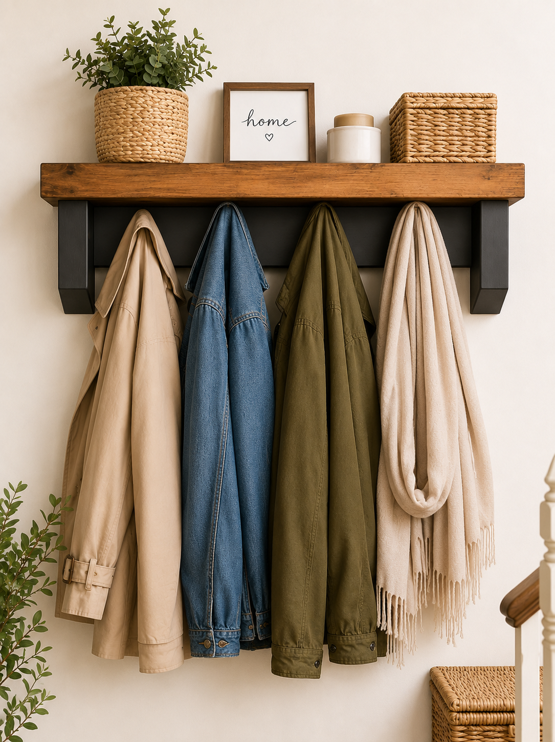 Hallway Coat Rack Shelf | Rustic Wooden Wall Mounted Coat Hooks with Top Shelf | Entryway Storage & Hall Organiser