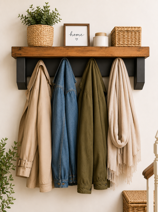 Hallway Coat Rack Shelf | Rustic Wooden Wall Mounted Coat Hooks with Top Shelf | Entryway Storage & Hall Organiser