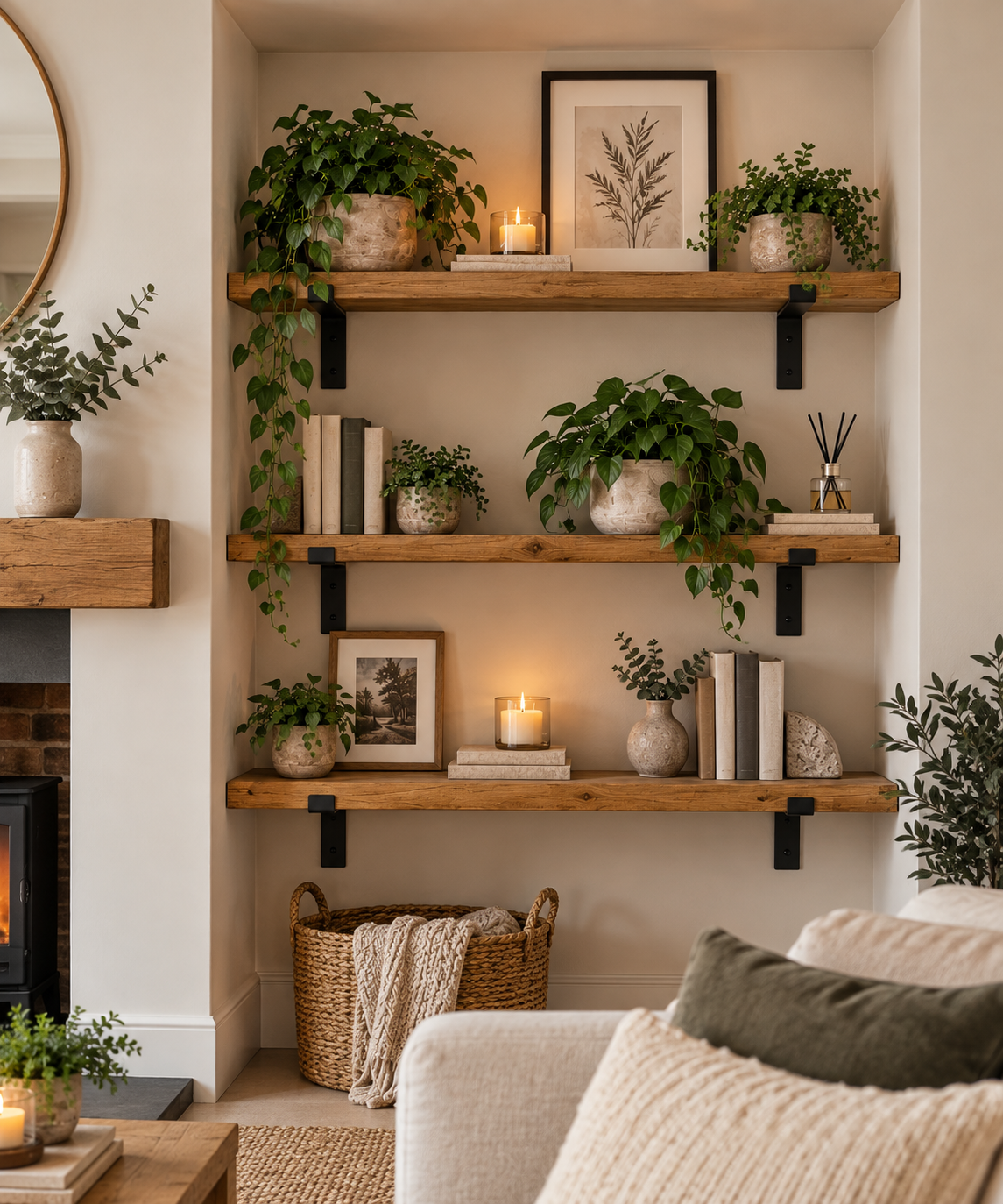 Rustic Wooden Alcove Shelves – Set of 2, 3 or 4 with Black down Brackets