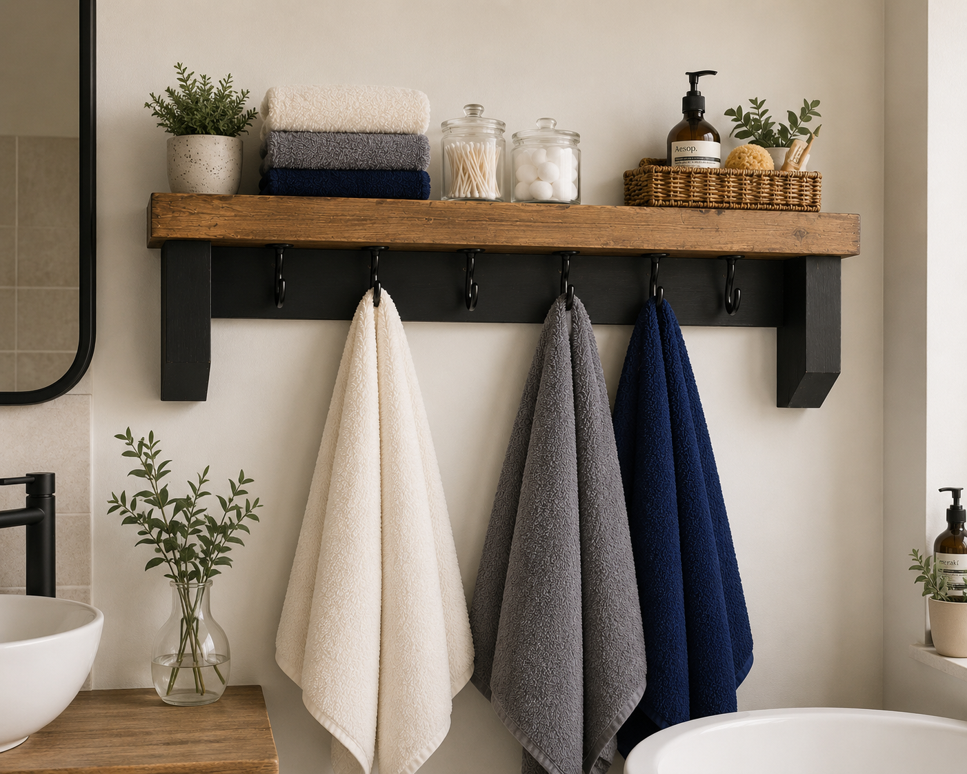 Bathroom Shelf with Towel Hooks | Rustic Wooden Wall Shelf | Bathroom Storage Shelf | Towel Rail Alternative | Farmhouse Bathroom Decor