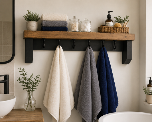 Bathroom Shelf with Towel Hooks | Rustic Wooden Wall Shelf | Bathroom Storage Shelf | Towel Rail Alternative | Farmhouse Bathroom Decor