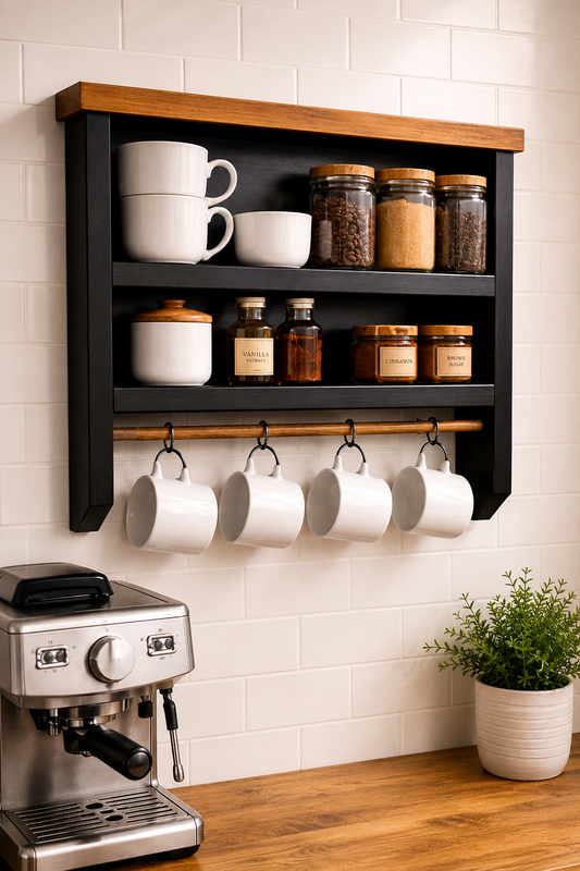 Wooden Spice Rack & Coffee Station Shelf with Mug Rail | Handmade Kitchen Wall Storage