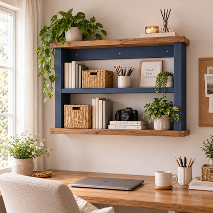 Handmade Wooden Office Wall Shelf & Desk Organiser | Storage Display Shelf