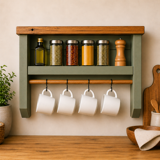 Rustic Kitchen Wall Shelf with Mug Rail – Wooden Spice Rack & Storage Shelf
