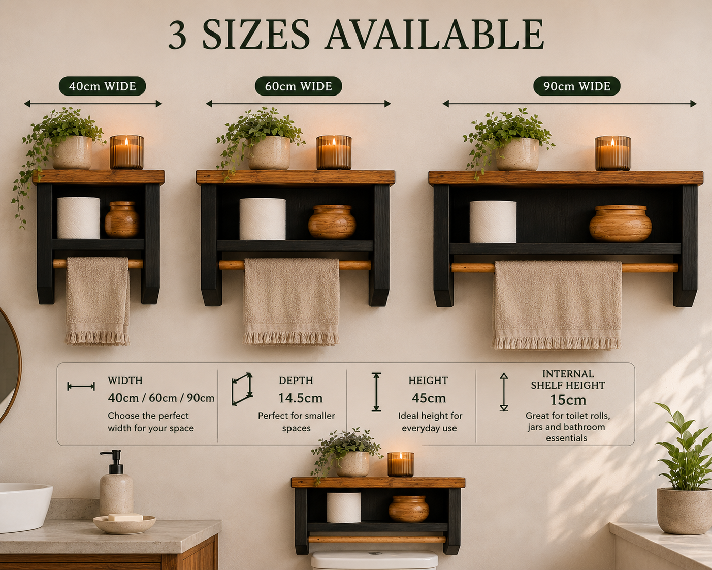 Wooden Bathroom Shelf with Towel Rail | Rustic Wall Storage Shelf | Toilet Roll & Bathroom Organiser | Handmade UK
