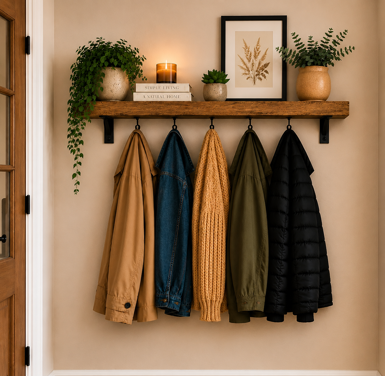 Rustic Coat Rack Shelf with Hooks 17cm/7 inches Deep | Wooden Hallway Storage Shelf | Entryway Coat Hanger | Wall Mounted Coat Rack