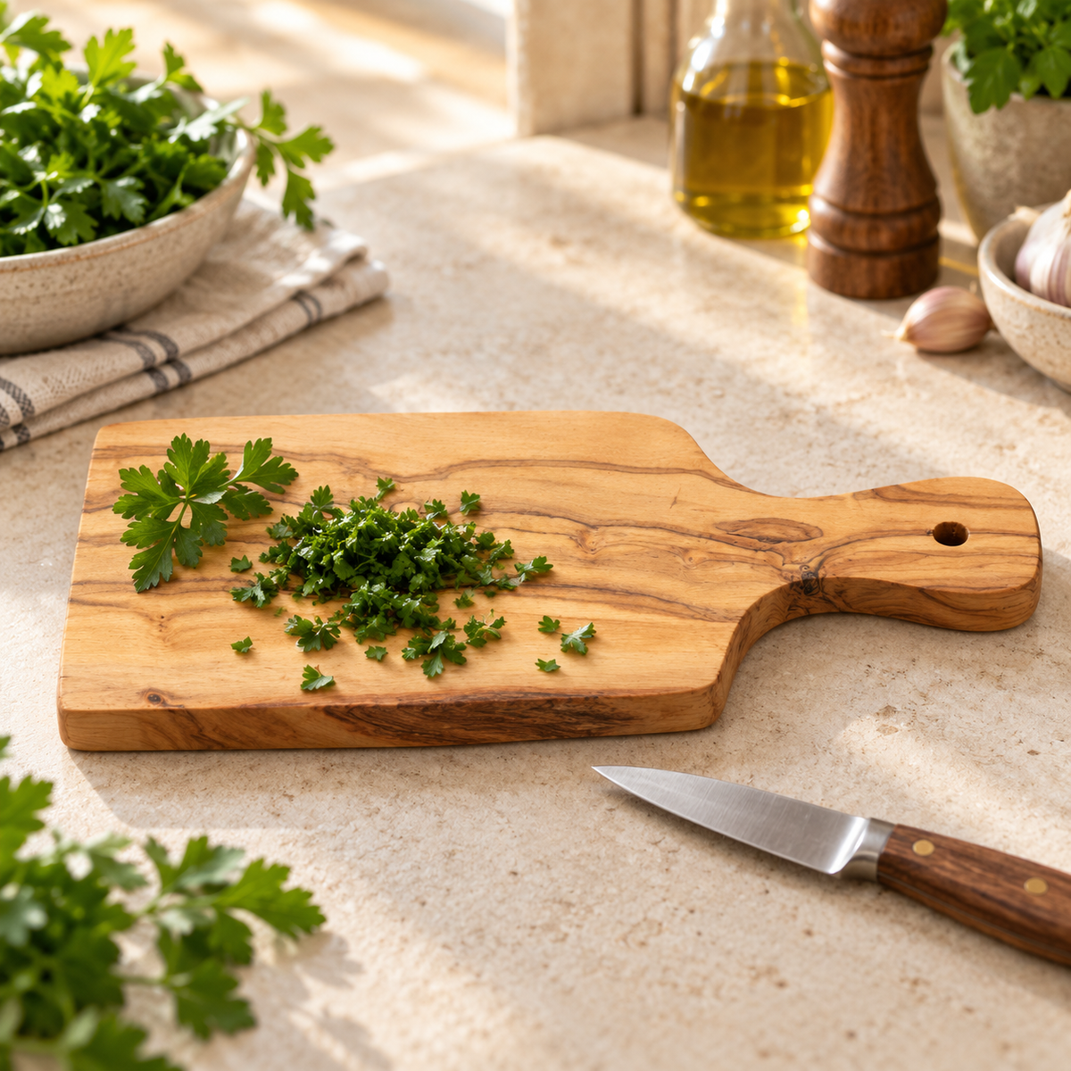 Olive Wood Kitchen Gift Set – Bowl, Herb Board, Spoon & Spatula