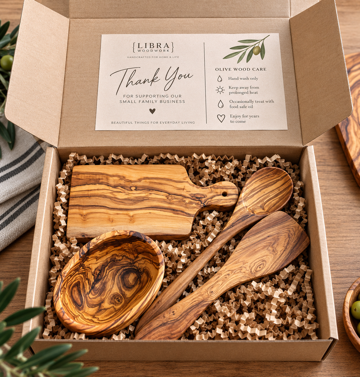 Olive Wood Kitchen Gift Set – Bowl, Herb Board, Spoon & Spatula