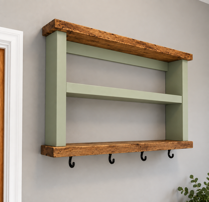 Wall Mounted Coat Rack Shelf with Hooks | Wooden Hallway Storage
