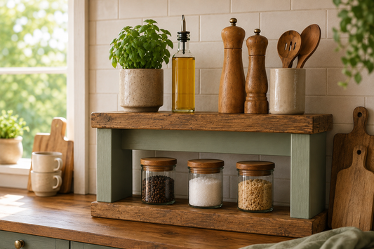 Rustic Wooden Kitchen Worktop Organiser | Countertop Shelf | Spice Rack | Coffee Station Storage | Scaffold Board Kitchen Shelf