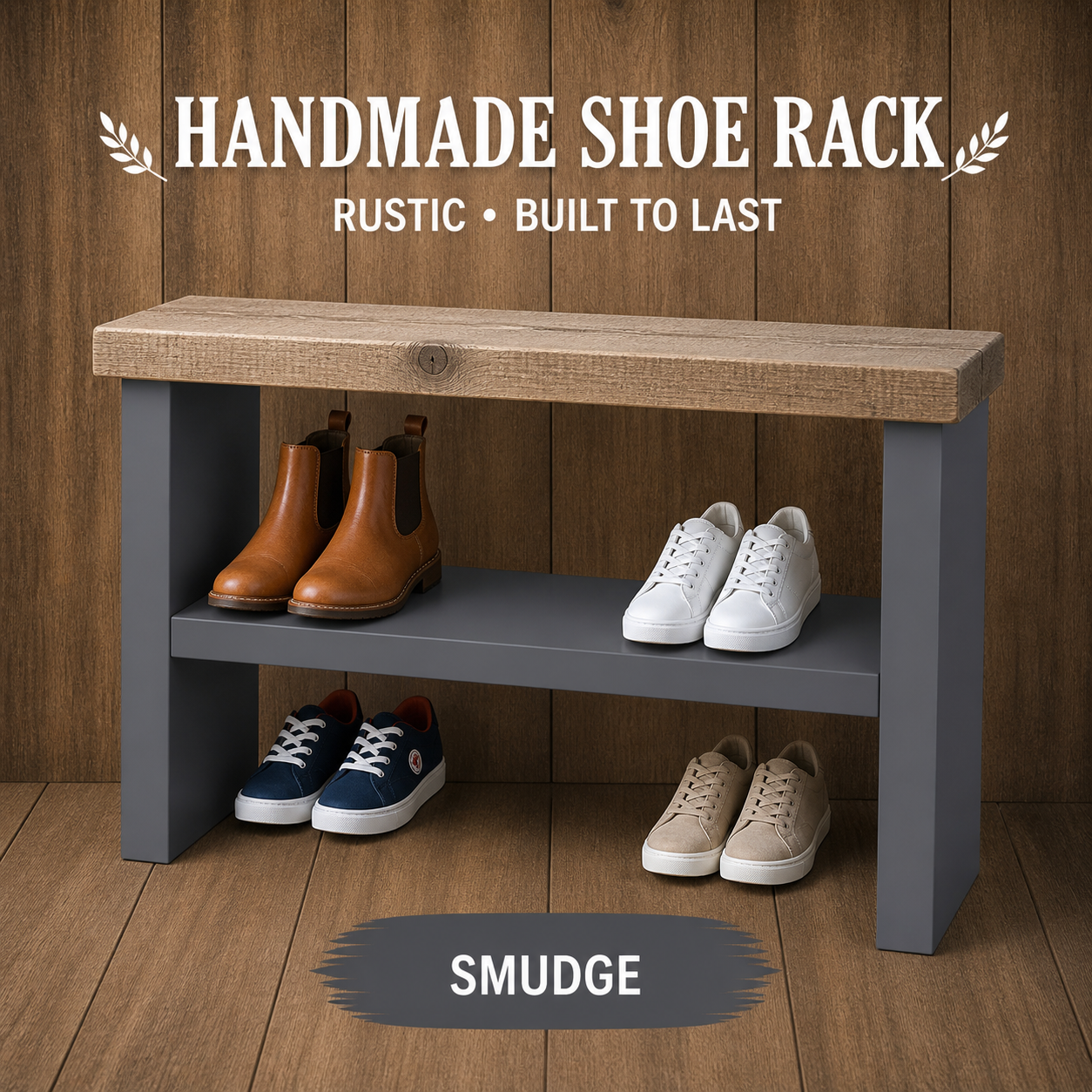 Rustic Wooden Shoe Rack Bench 33cm Deep | Hallway Storage Bench | Entryway Shoe Storage Shelf | Handmade Shoe Organiser
