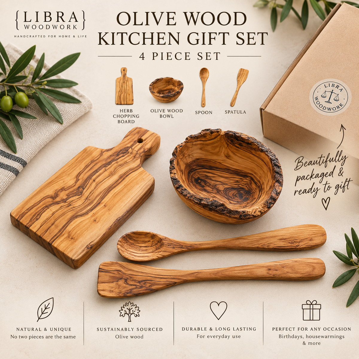 Olive Wood Kitchen Gift Set – Bowl, Herb Board, Spoon & Spatula